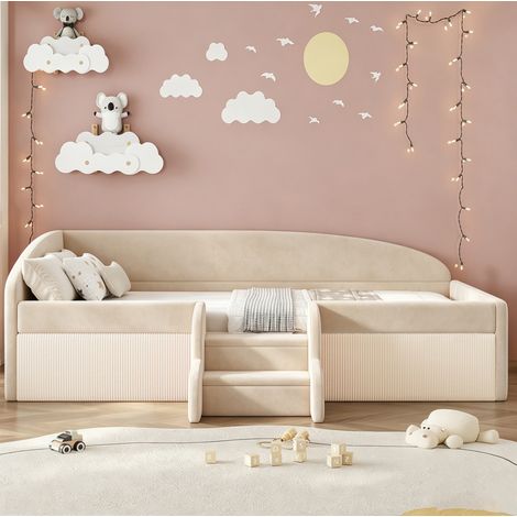 Polster-Kinderbett 90x190 cm mit Stufen und Geländern, beiger Samt HAVRYA (1/5)