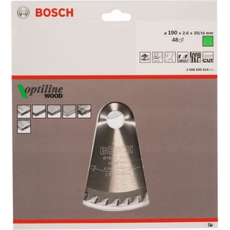 BOSCH DISCO SIERRA OPTILINE MADERA130 X 2.4 X 20/16D: 20WZ Diámetro disco x eje (mm) 190x20 Número de dientes 48