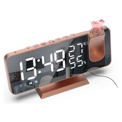 Réveil de plafond à projection numérique avec éclairage LED miroir, 4 niveaux de luminosité, double réglage d'alarme et port de chargement USB.