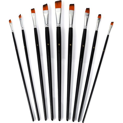 Ensemble de 9 Pinceaux Nylon à Pointe Plate Inclinée avec Manche en Bois Long pour Peinture Décorative (1/5)