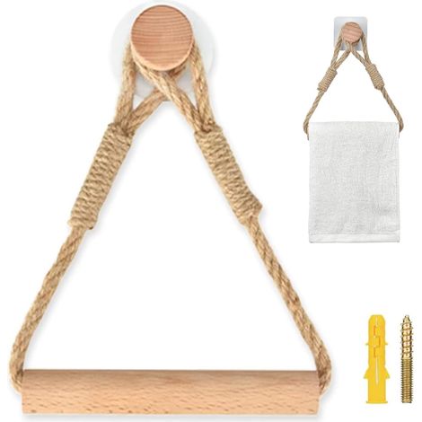 Soporte para rollo de papel higiénico de cuerda de cáñamo vintage - Autoadhesivo para montaje en pared con cuerda de madera - Para toallas y papel (1/5)