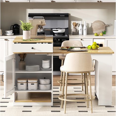 Isola da cucina 80x71-111-151x92 cm bianca e naturale in MDF e vetro con piano estraibile e prese integrate (1/5)