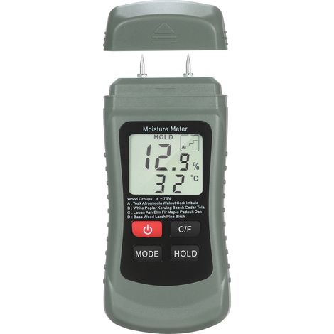 Medidor de humedad digital con pantalla LCD, detector de fugas de agua tipo aguja, 4 modos, retención de datos, termómetro en °C/°F. (1/5)