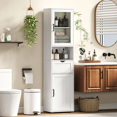 Colonna stretta per bagno con anta in vetro, ripiani regolabili, cassetto, ripiano a giorno, 40x30x165 cm, bianca
