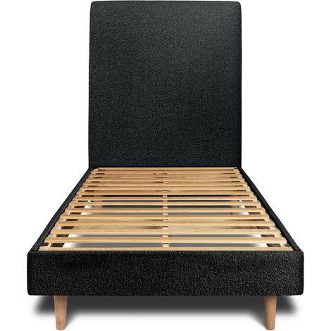 Lit 90x200cm avec tête de lit tapissier bouclette et sommier kit Noir - Hauteur totale : 29cm (1/5)