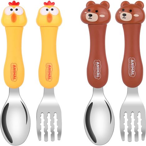 Ensemble de couverts portables pour enfants, comprenant une fourchette et une cuillère en forme d'animaux mignons, idéal pour apprendre à manger des aliments complémentaires. (1/5)