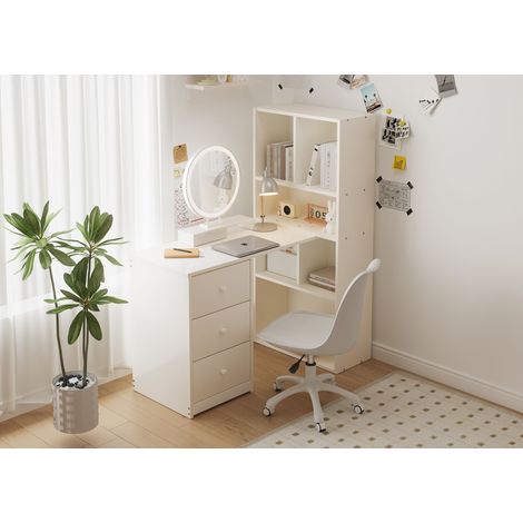 Bureau d'angle blanc avec étagères intégrées, 117 x 63 x 135 cm, espace de travail avec 4 casiers de rangement et 3 tiroirs coulissants, meuble d'étude compact