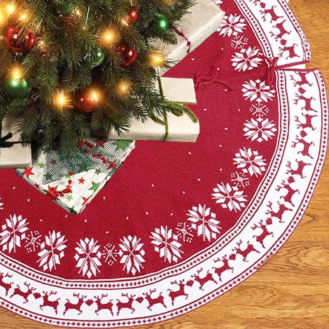 Tapis de sapin de Noël tricoté à motif flocon de neige rouge, 122 cm (1/5)