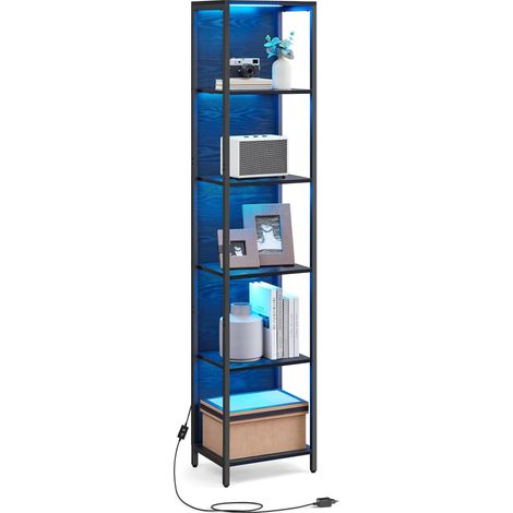 Bibliothèque LED à 6 Niveaux, Étagère à Lumière Réglable, Meuble de Rangement avec Cadre en Acier, 30,3 x 40 x 178,6 cm, pour Salon, Chambre, Bureau, Noir Boisé LLS121B57 (1/5)