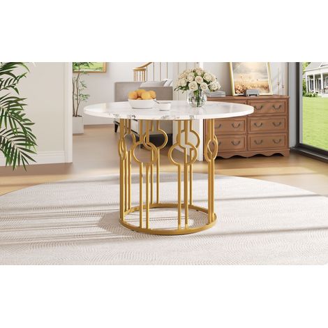 Table de cuisine ronde 100x100x76cm pour 4 personnes, plateau MDF marbré, pieds métal doré, idéale salle à manger ou salon