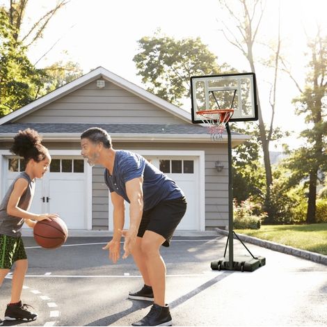 Canestro da basket con supporto regolabile 255-305 cm, con ruote, acciaio, nero HAVRYA (1/3)