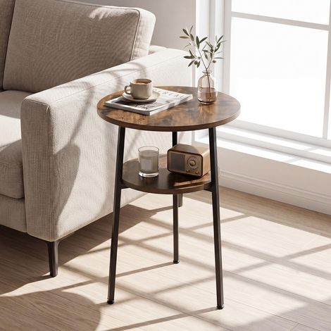 COSTWAY Petite Table d'Appoint Ronde 39x39cm avec 2 Étagères (1,Marron Rustique) (1/5)