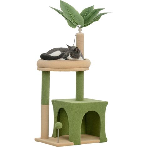 Arbre à chat avec maisonnette, panier et 2 balles, en bois et polyester, 44 x 30 x 98 cm, vert et marron