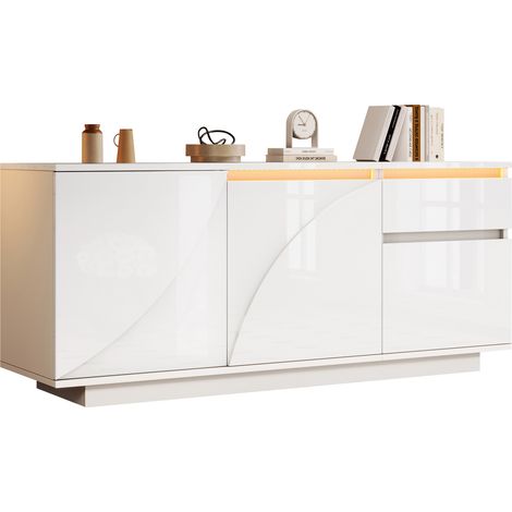 Buffet bas LED blanc 140 x 40 x 60 cm, 3 portes, 1 tiroir, rangements modulables et façade brillante pour salon moderne - CHICFURN (1/5)