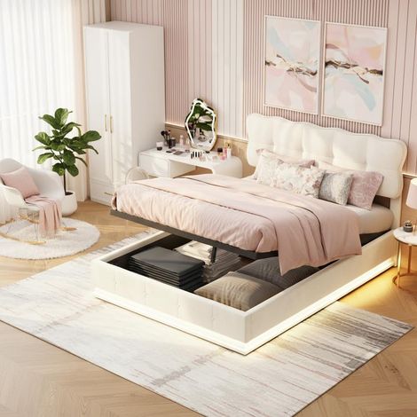 VASIEN – Lit coffre 140x200 - velours, lit double avec levier hydraulique, sommier à lattes,Lit adulte avec LED,lit Rembourré de style scandinave,convient aux adultes et adolescents - Beige (1/5)