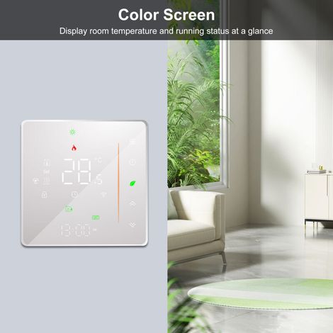 Termostato intelligente WiFi Tuya, un regolatore per riscaldamento a pavimento con display LED a colori che mostra l'ora, il giorno della settimana, la temperatura, l'umidità e le previsioni del tempo