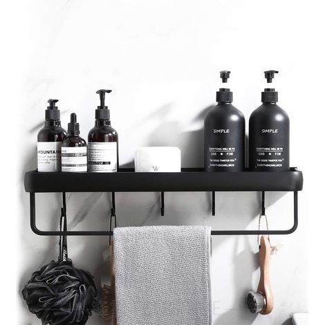 Sollbry 1 estante de baño (sin perforar) Estante de ducha con toallero Estante de ducha con ganchos de torre Estante de ducha Soporte de baño Estante de baño - Negro (1/3)