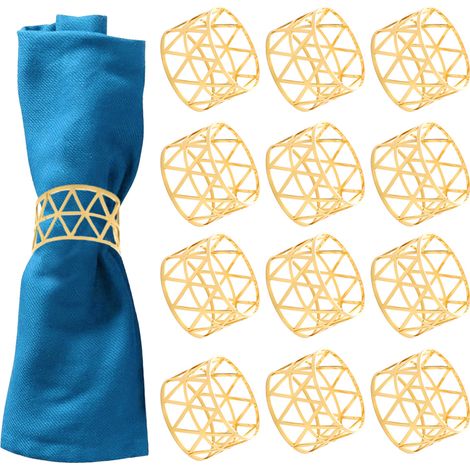 Lot de 12 Rond de serviette, Métal doré, Design ajouré 3D, Décoration table, Fêtes Noël anniversaire (1/5)