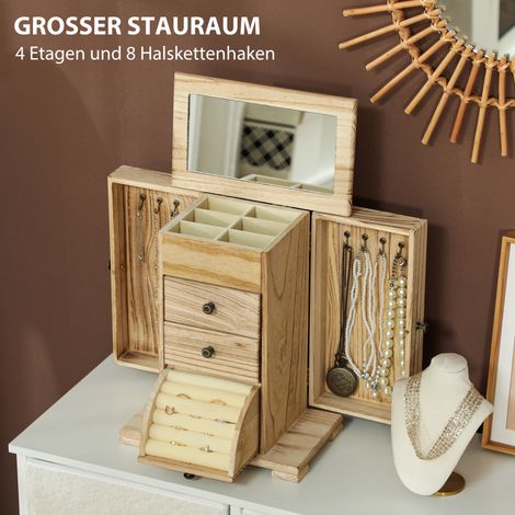 Coffret à bijoux en bois brun avec miroir intégré, rangement à 4 niveaux, boîte de rangement pour bijoux (1/5)