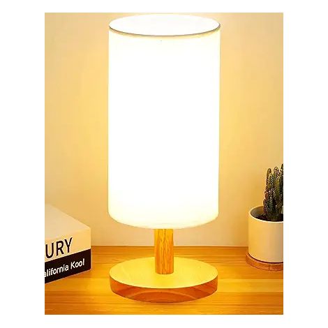 Lampe de chevet (ampoule LED 5 W incluse) - Lampe de table de chevet en bois massif avec abat-jour rond en lin, idéale pour le salon, une chambre d'étudiant ou un bureau à domicile. (1/3)