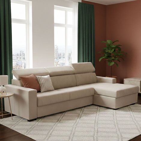 Talamo Italia Sofa cama Alceste, Sofá de esquina, 100% Made in Italy, Sofá con apertura giratoria, con Península de Contenedores a la Derecha, con reposabrazos delgados, Cm 260x95h85, Beige, con embal (1/5)