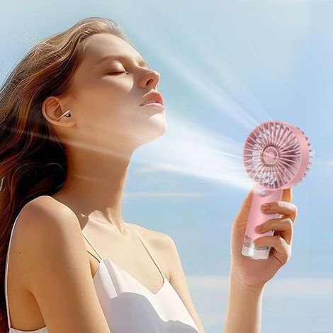 Wiederaufladbarer, tragbarer Mini-Ventilator mit Sprühfunktion, 3 Geschwindigkeitsstufen, ideal für Reisen, Strand und Büro – pink (1/5)