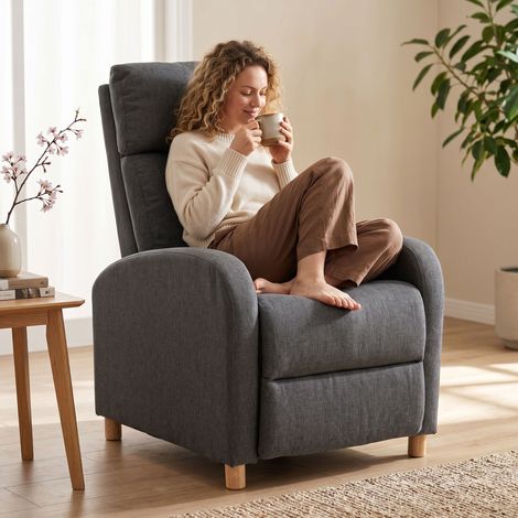 Fauteuil Relax Inclinable 135° avec Repose-pieds, Tissu Gris Anthracite, Mécanisme Manuel, Siège Pliable pour Salon (1/5)