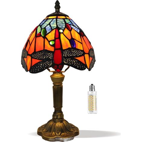 Lámpara de mesa Dragonfly-Tiffany de 8 pulgadas – Lámpara pequeña vintage de vitral (azul/naranja) 37,1 cm de alto