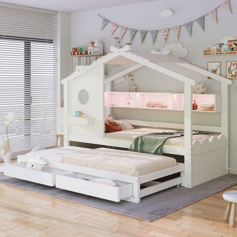 Lit enfant 90x200 cm avec lit gigogne 90x190 cm, 2 tiroirs et LED, en bois, blanc, sans matelas (1/5)