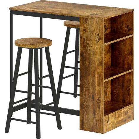 Set da Pranzo con Bancone Bar con 3 Ripiani e 2 Sgabelli Alti con Poggiapiedi Stile Industriale, Marrone (1/5)