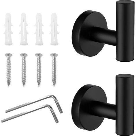 Towel Hooks, 2-Piece Bathroom Set, Stainless Steel Robe Hooks, Matte Black Towel Hooks with Screws for Kitchen, Living Room and Office (1/5)