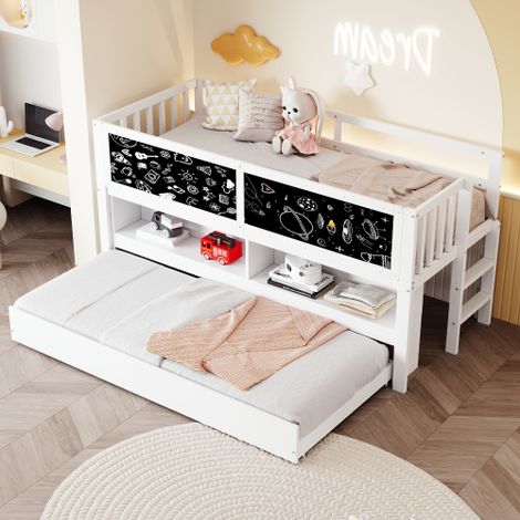Cama alta infantil 90x200 cm, con pizarra negra y cama nido - blanco - sin colchón (1/5)