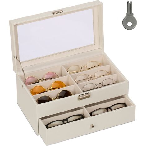 Relaxdays Organizador 12 Gafas de Sol, Ventana Cristal, Estuche Efecto Piel, Funda Terciopelo,15,5x33,5x19,5 cm, Blanco