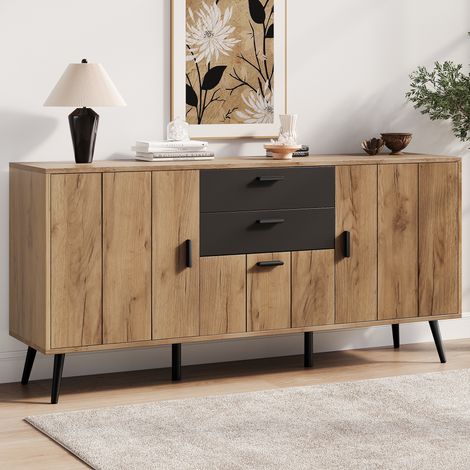 Modernluxe - Buffet, Commode moderne 140 x 35 x 67 cm - Grand plateau - 2 tiroirs, 3 portes - MDF - Noir+naturel (1/5)