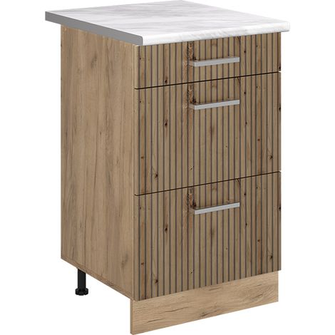 Mobiletto base per cucina R-Line, Rovere artigianale/Rovere dorato, 50 cm piano di lavoro Marmo, Vicco (1/5)