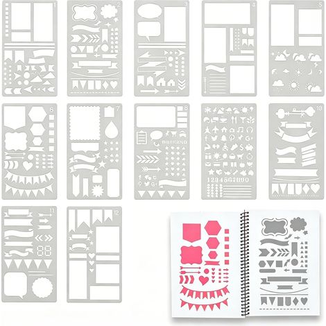 12 Pièces Pochoirs Réutilisables, Gabarits pour Bullet Journal, Planificateur, Calendrier et Croquis, Accessoires de Journaling (1/5)