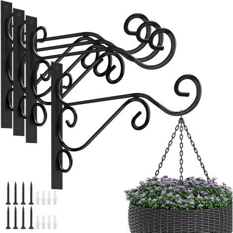 Lot de 4 crochets muraux en fer pour plantes extérieur - supports pour jardinières, mangeoires à oiseaux, lanternes, carillons éoliens - noir (1/3)