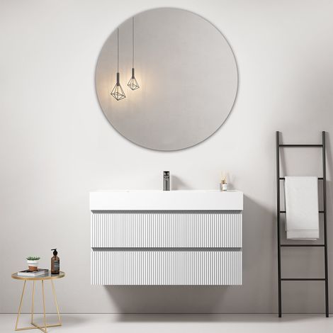Mobile bagno sospeso cannettato 100 cm Bianco Lavabo in Resina Specchio Tondo - Fiji Paint (1/3)