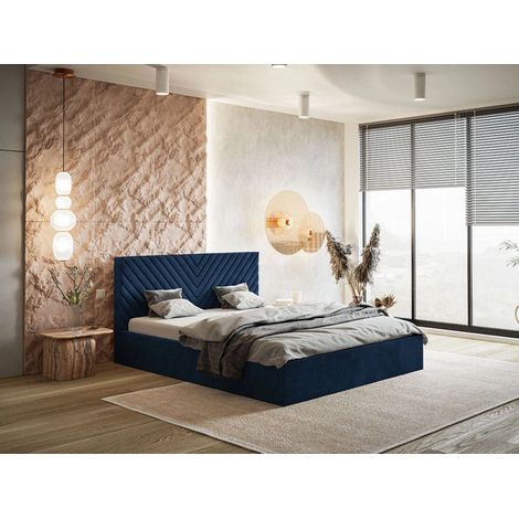 Lit rembourré avec rangement 140x200 velours bleu Esma (1/5)
