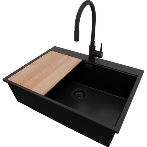 PRIMAGRAN Evier Cuisine en Granit 68x50cm, Lavabo 1 bac + Robinet 40x38cm + Kit de Vidage + Accessoire, Évier à Encastrer au meuble 70cm - Oslo, Tout Noir (1/5)
