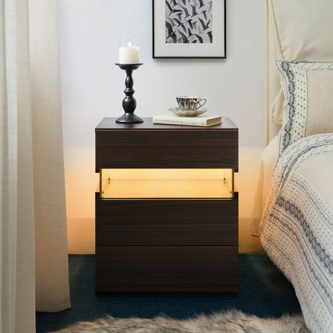 LED Nightstands Acrylic Board LED Bedside Tables for Bedroom End Table with 3 Drawer Dresser for Bedroom Living Room Bedside Furniture (Walnut)