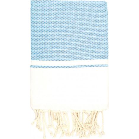 Fouta 100x200 Pik Pik blanche et turquoise - 100% coton - franges