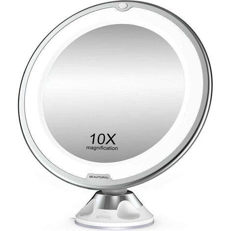 Grossissant Miroir Maquillage 10x avec Lumières LED 1 Joint à Bille d'attache Ajustable à 360° Miroir Cosmétique Portable, pour Salle de Bain, Voyage (1/4)