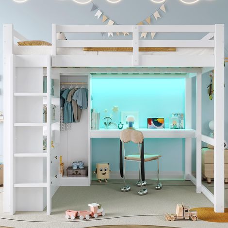 Lit mezzanine 140 x 200 cm, avec deux tiroirs et une étagère, bureau sous le lit, lampe LED et port USB, blanc (1/5)