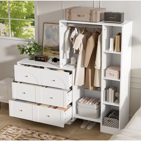 Armadio aperto con spazio per appendere abiti, 139x35x133 cm, 6 cassetti e ripiani laterali, mobile contenitore per camera da letto, bianco (1/5)