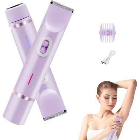 Dispositivo de depilación femenina, recortadora de doble cabezal para la línea del bikini, depilación facial, recargable por USB, 1 unidad, morado, para axilas, piernas y línea del bikini. (1/5)
