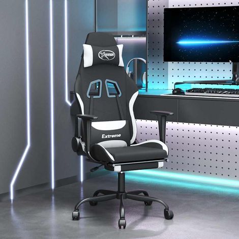 vidaXL Silla gaming con reposapiés tela negro y blanco (1/5)