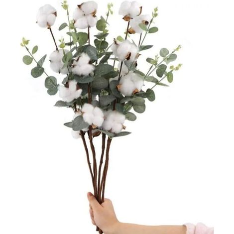 Lot de 4 branches de coton séchées, décoration en coton blanc pour vases, bouquets de fleurs séchées, décoration de mariage ou de table.
