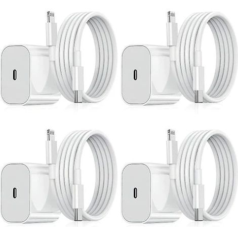 Lot de 4 chargeurs compatibles iPhone : chargeur rapide, adaptateur et câble de 2 m, 20 W, USB-C, blanc. (1/5)