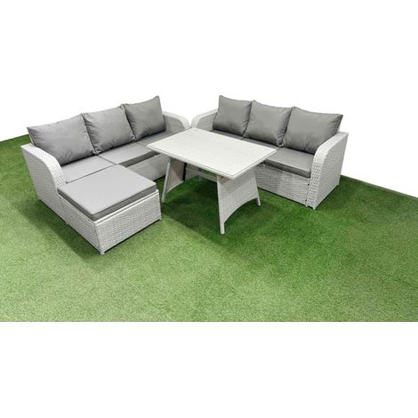 Fimous Patio Dining Table & Chairs Set Rattan High Back Lounge Sofa Set with 3 Seater Sofa Big Stool Light Grey (1/4)